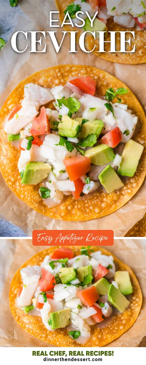Large diced fish, avocado and tomato plated on a crispy corn tortilla. 