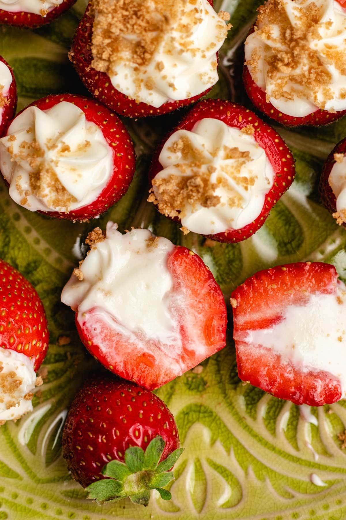 close up of strawberries with a cream filling