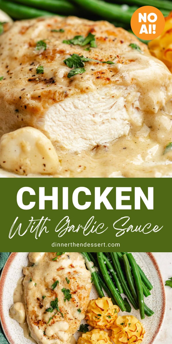 Collage of poultry in creamy tan sauce, garnished with a mashed potatoes and green vegetables.