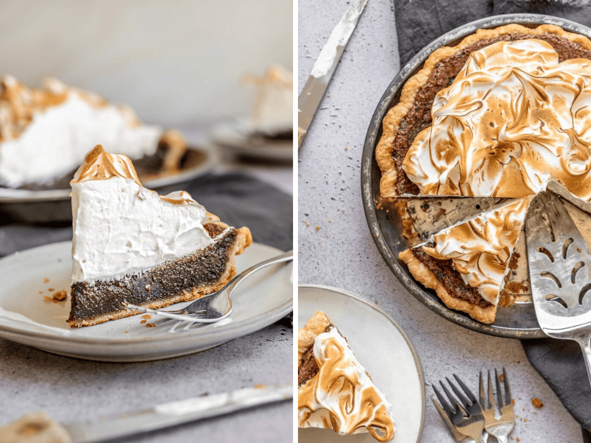 collage of top view of pie and slice of pie