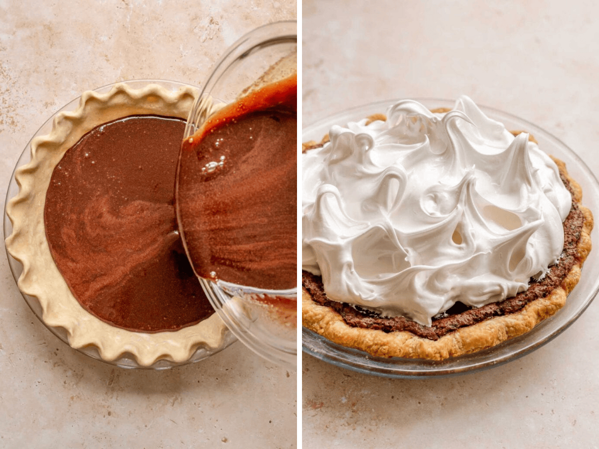 collage of pie being poured and cream topping