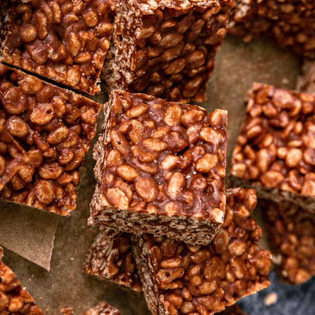 crispy chocolate squares on baking sheet