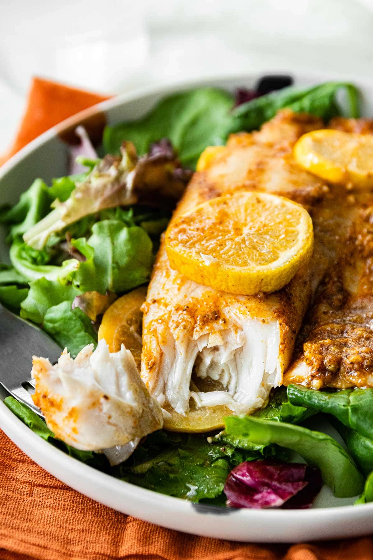 a cut of tilapia showcasing its baked flakiness.