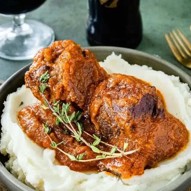 plated short ribs on top of mashed potatoes