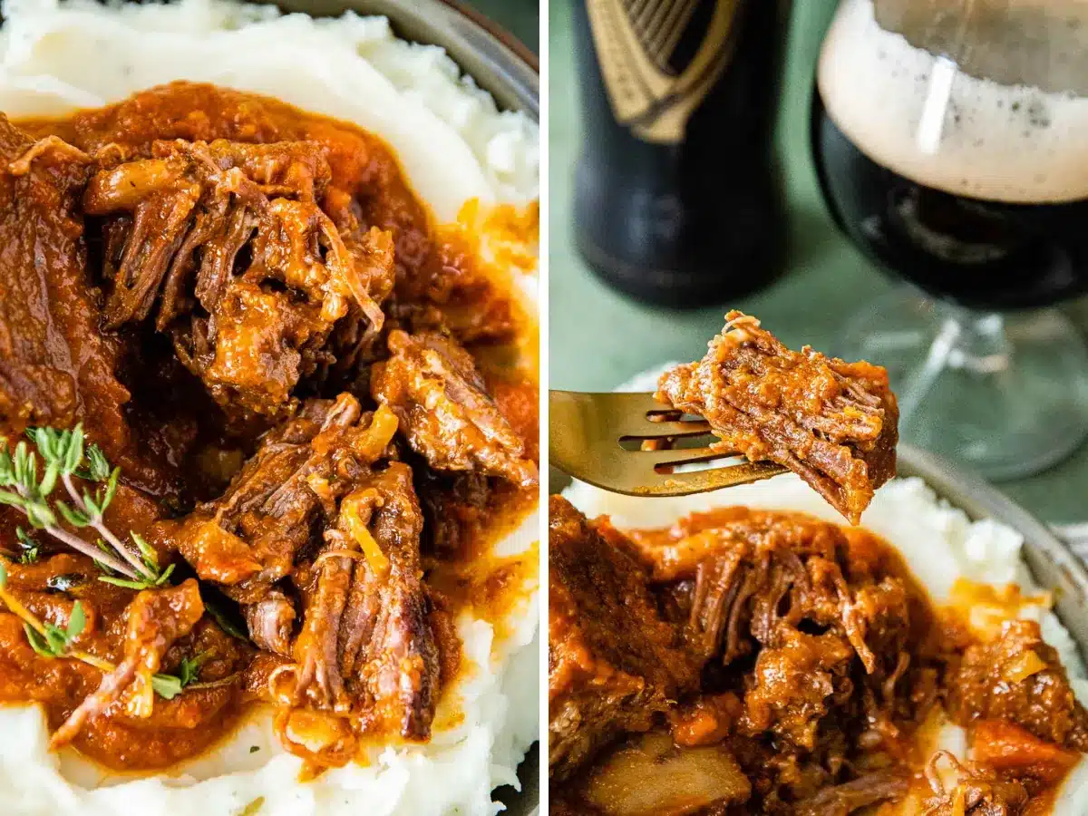 collage of close up of meat and fork taking a bite 