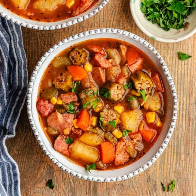 Hearty soup in serving bowl.