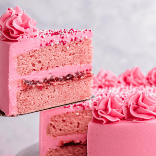 Baked dessert with a slice cut out of it showing the inside