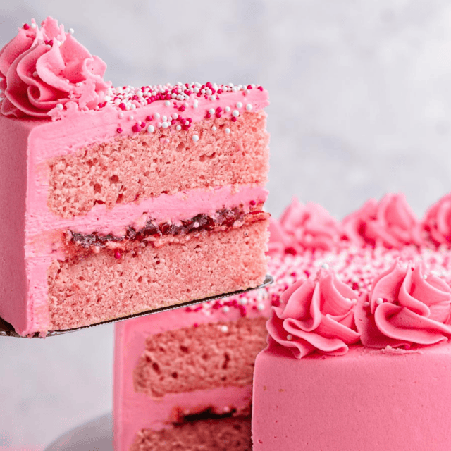 Baked dessert with a slice cut out of it showing the inside