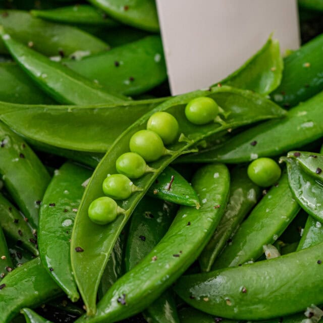 Close up of sugar snap peas.