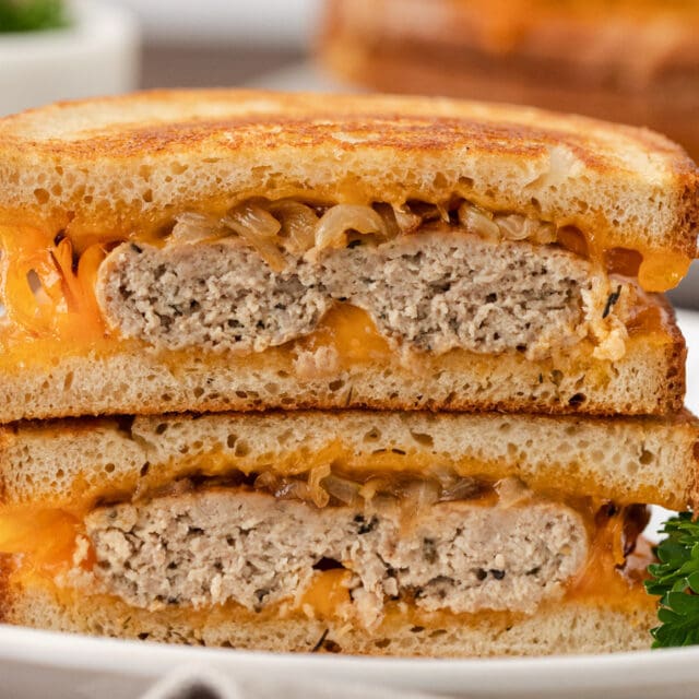 sliced and stacked grilled sandwich