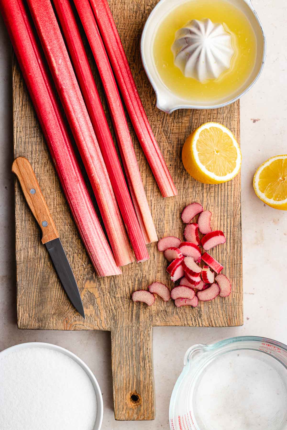 Rhubarb Sauce ingredients on cutting board