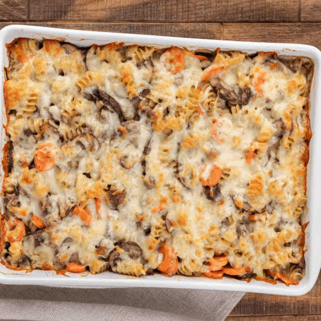 The casserole in a white baking dish.
