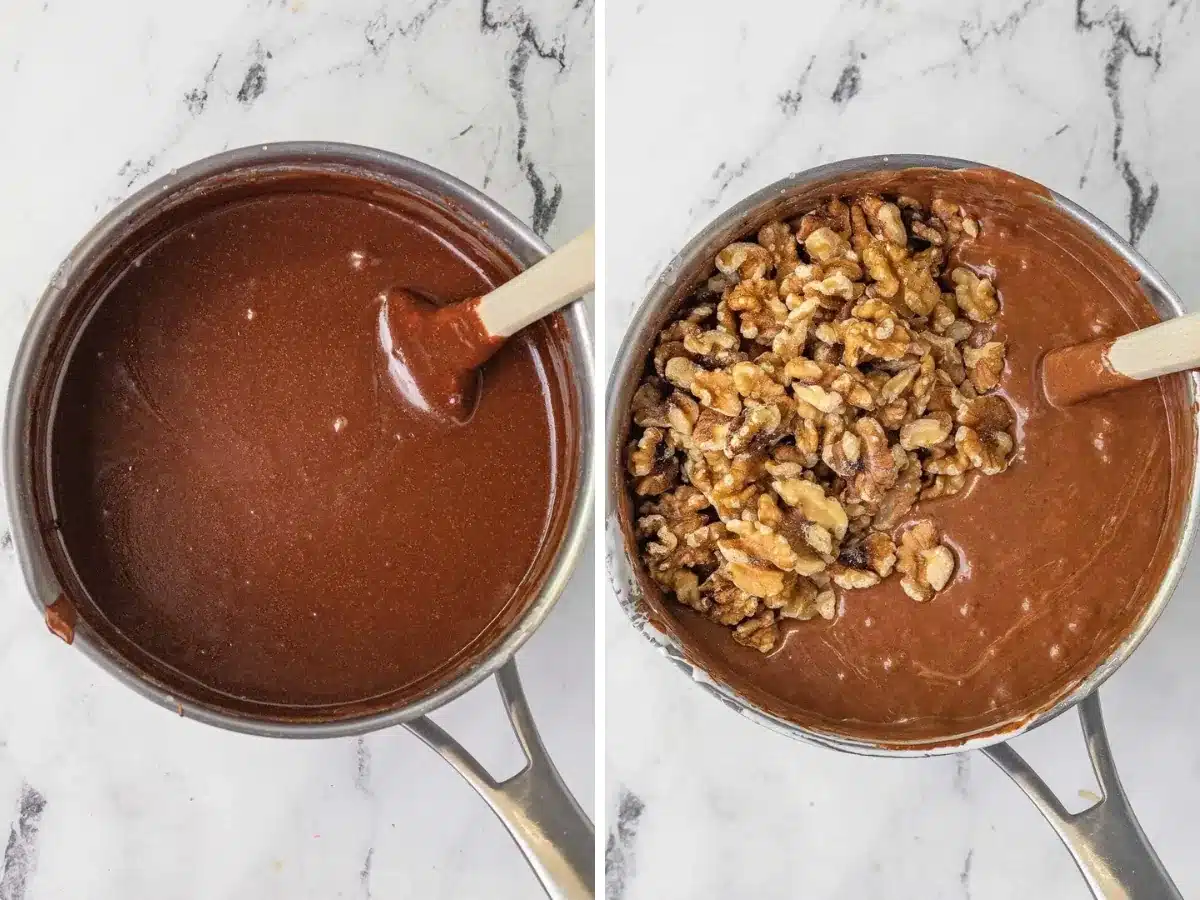 Collage of ingredients in pots before and after walnuts are poured in