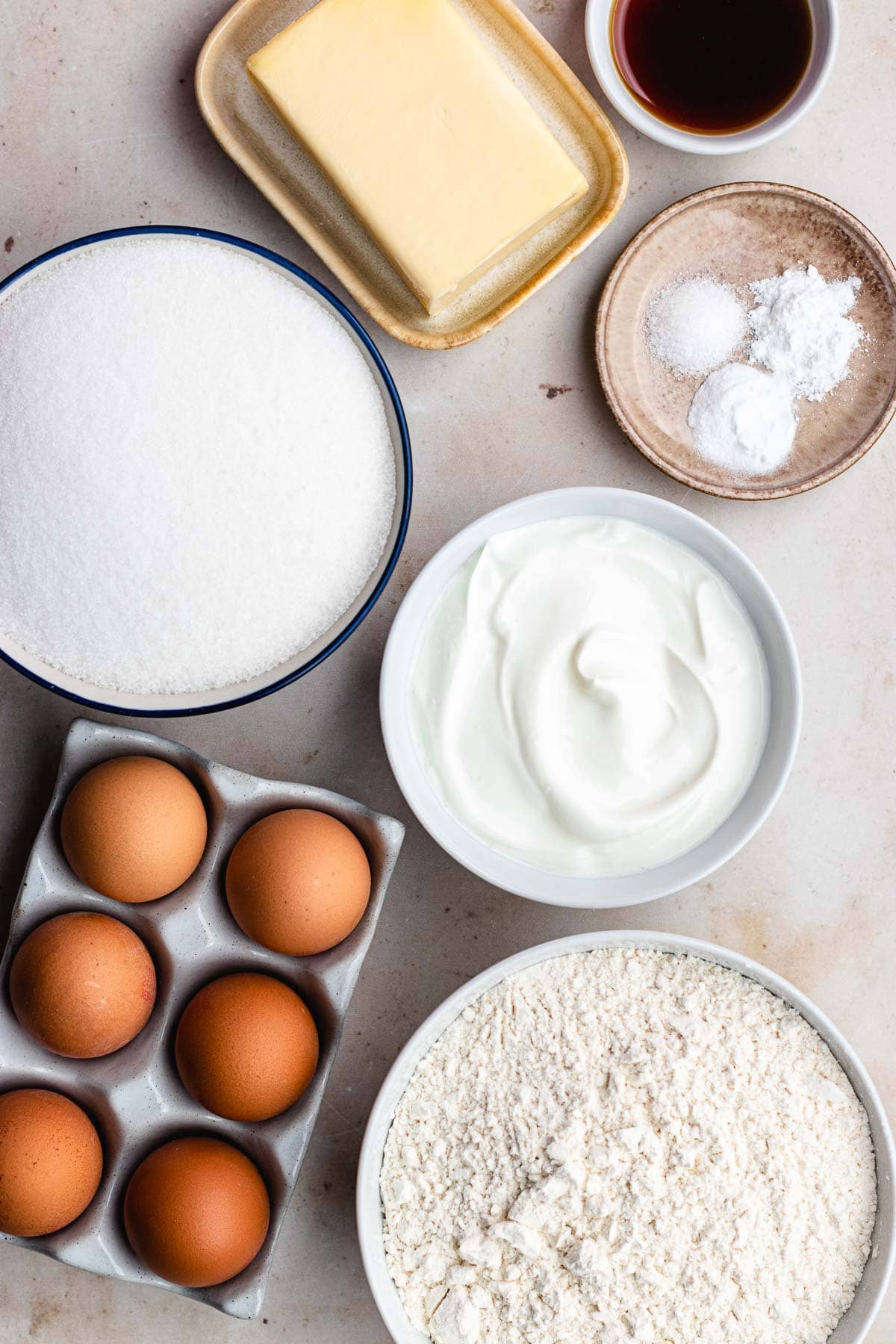 Sour Cream Pound Cake ingredients in bowls