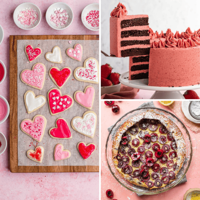 Stacked collage of iced heart cookies, chocolate strawberry cake and cherry clafoutis
