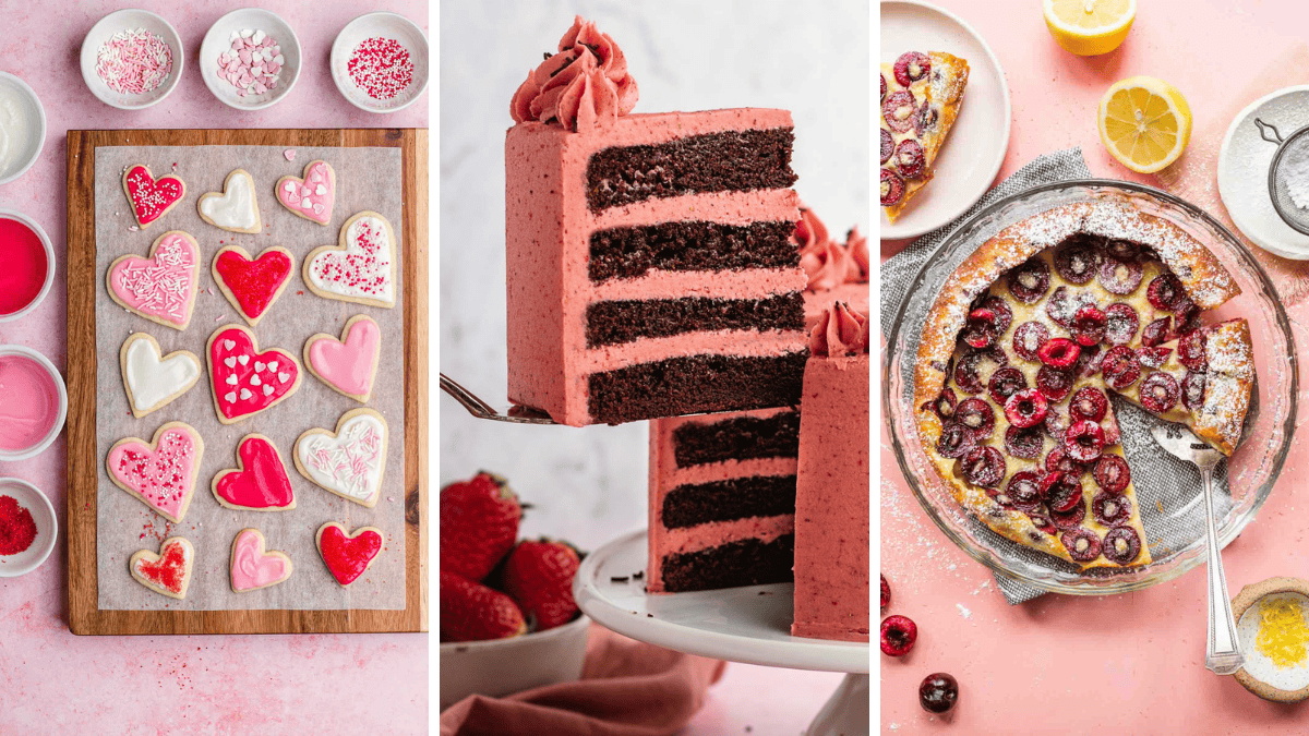 Collage of heart cookies, chocolate strawberry cake, and cherry clafoutis