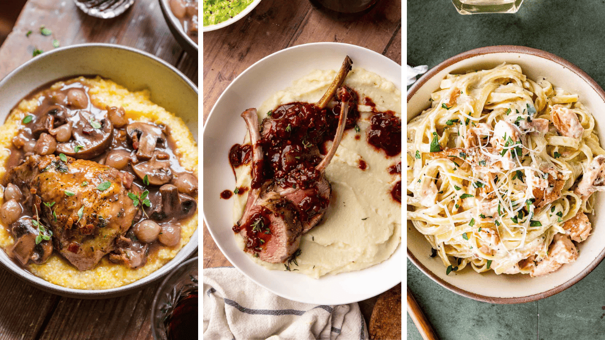 Side by side collage of plated coq au vin, lamb chops, and salmon alfredo