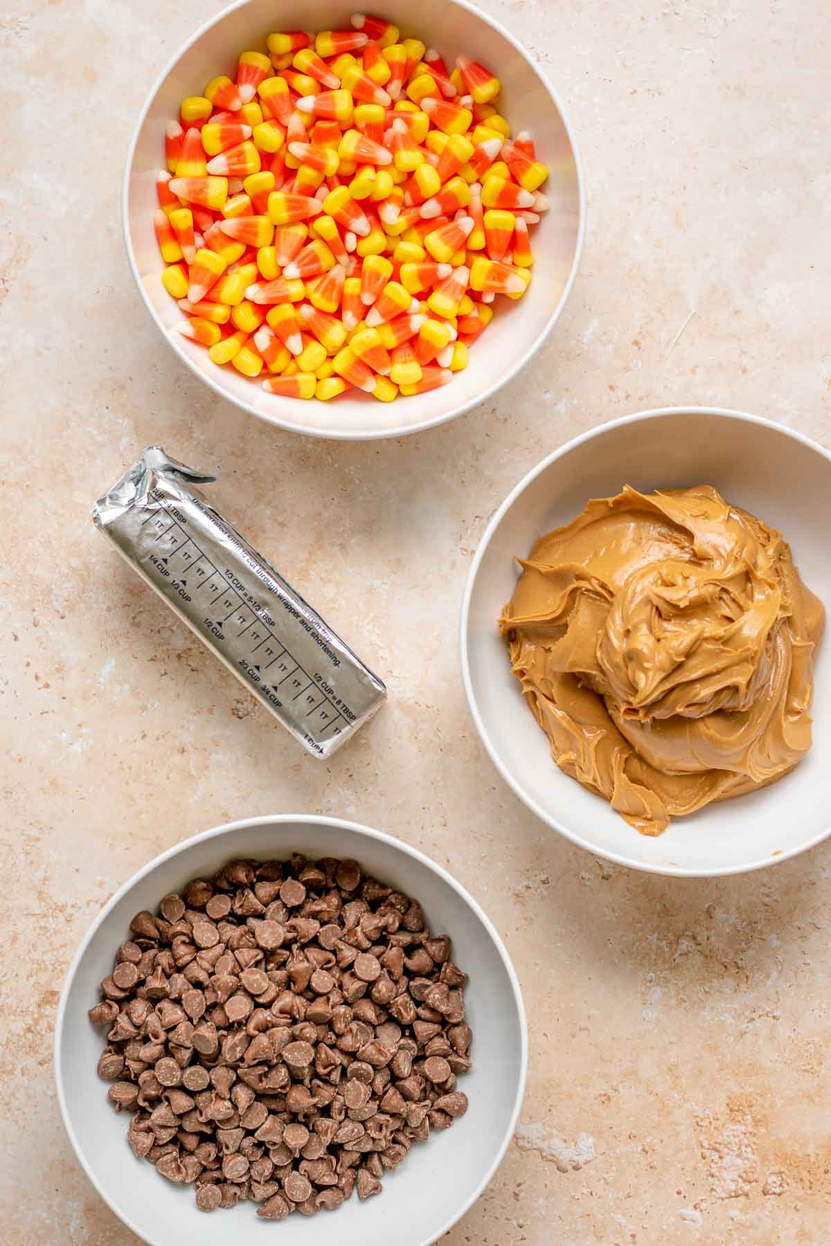 Butterfinger Bars ingredients in individual prep bowls
