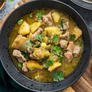 Meaty stew in bowl.