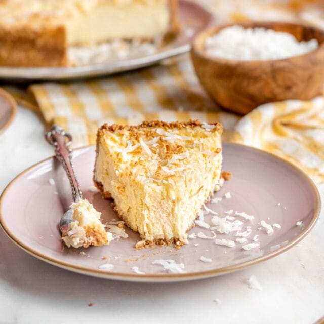 Coconut Cheesecake slice on a plate