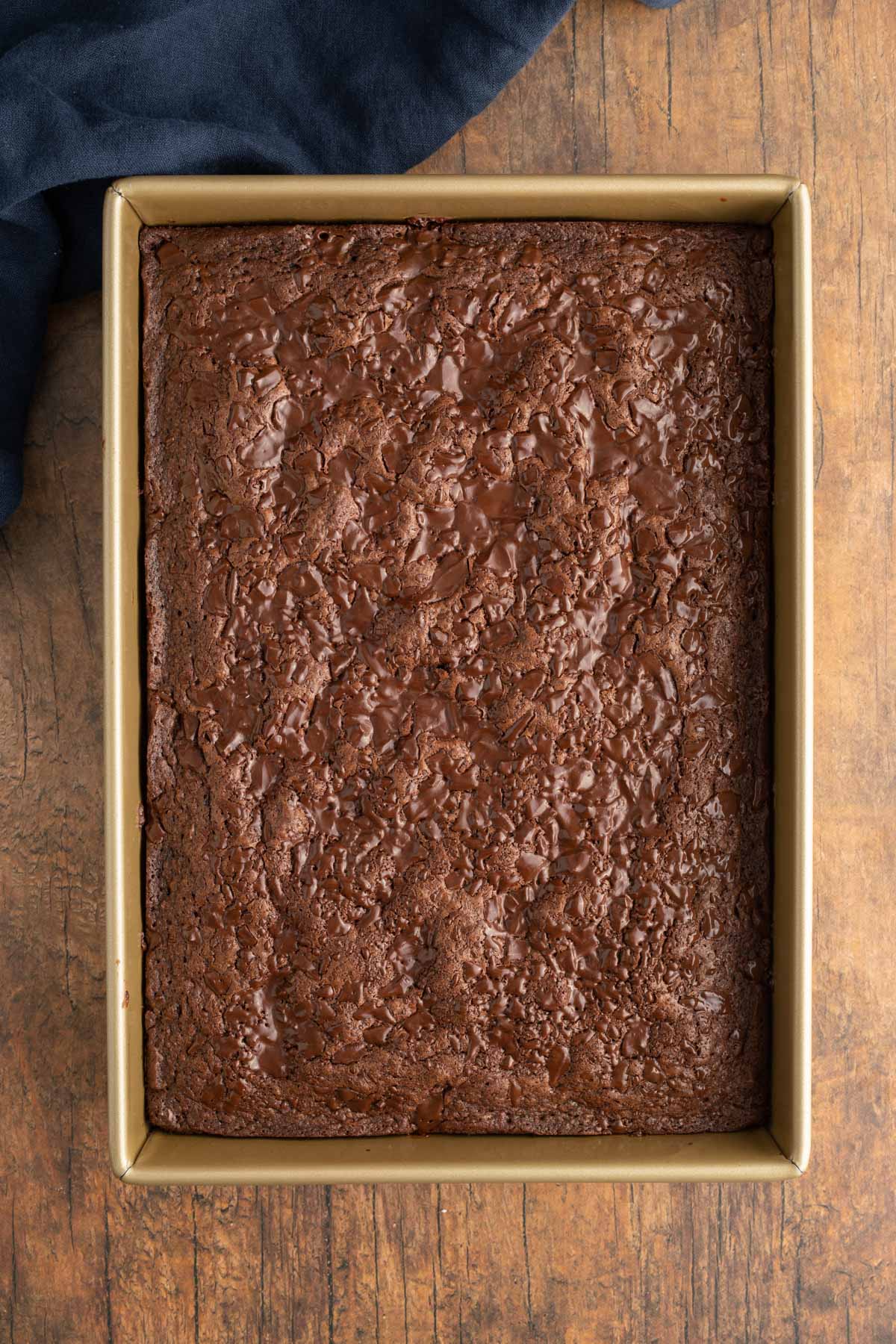 Cakey Brownies in pan after baking before slicing