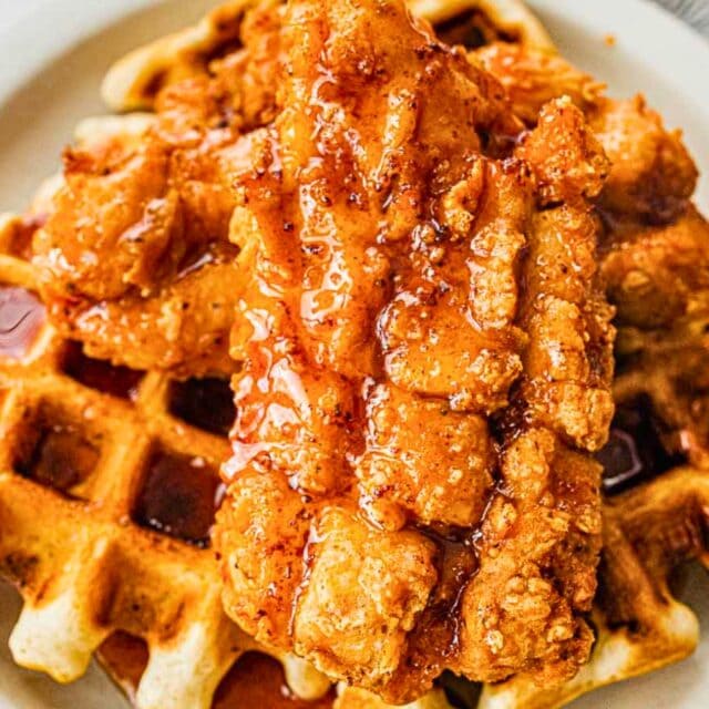 Chicken served over waffles with syrup