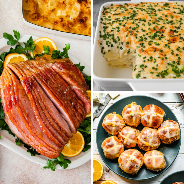 3 image collage of peach baked ham, potato dauphinoise, and hot cross buns