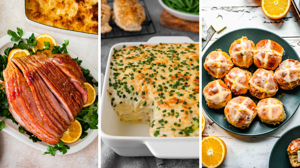 3 image collage of peach baked ham, potato dauphinoise, and hot cross buns 