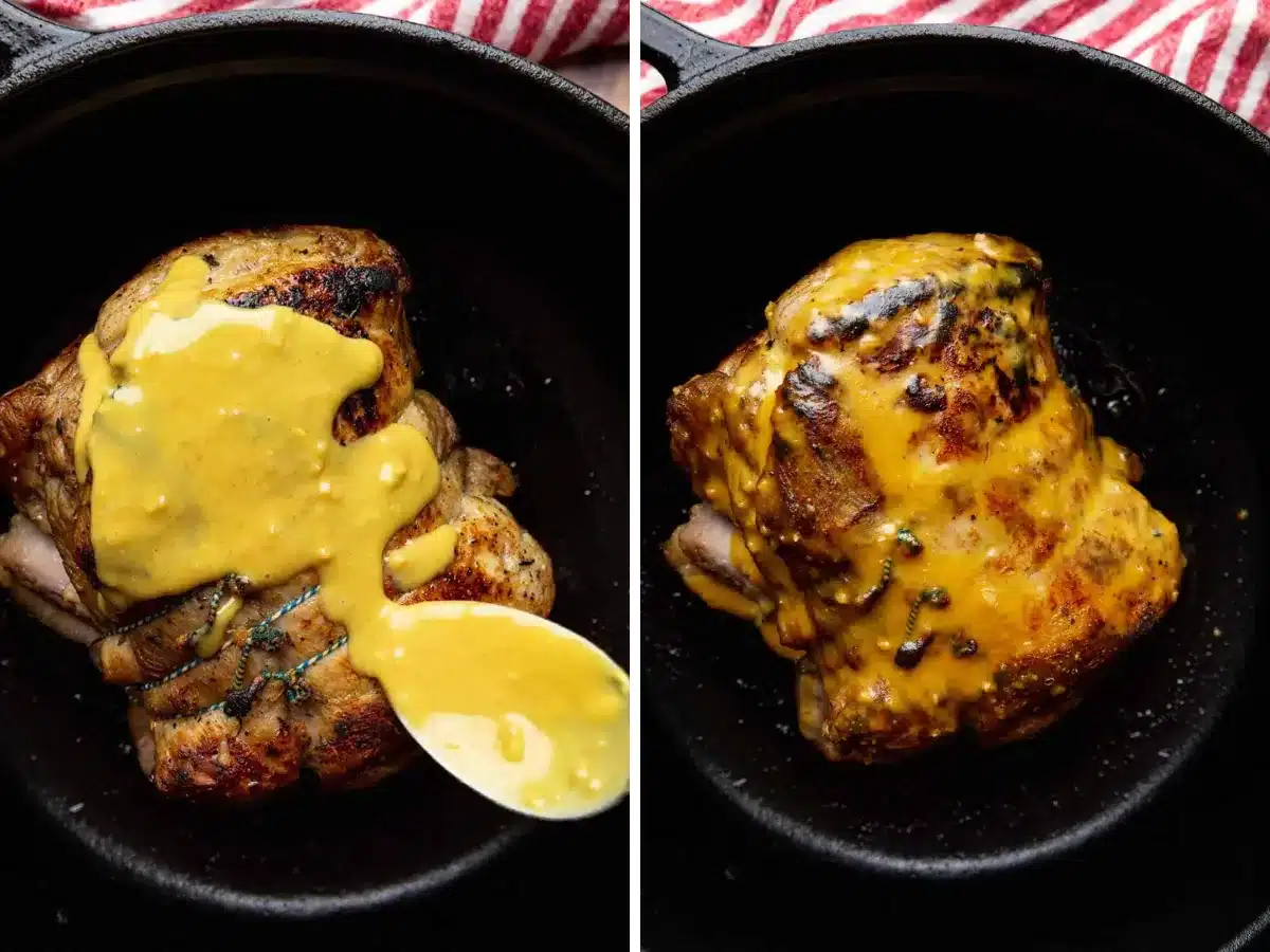 adding glaze to pork and finished pork 