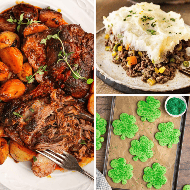 Collage of plated guinness roast lamb, beef sheperds pie and shamrock cookies.