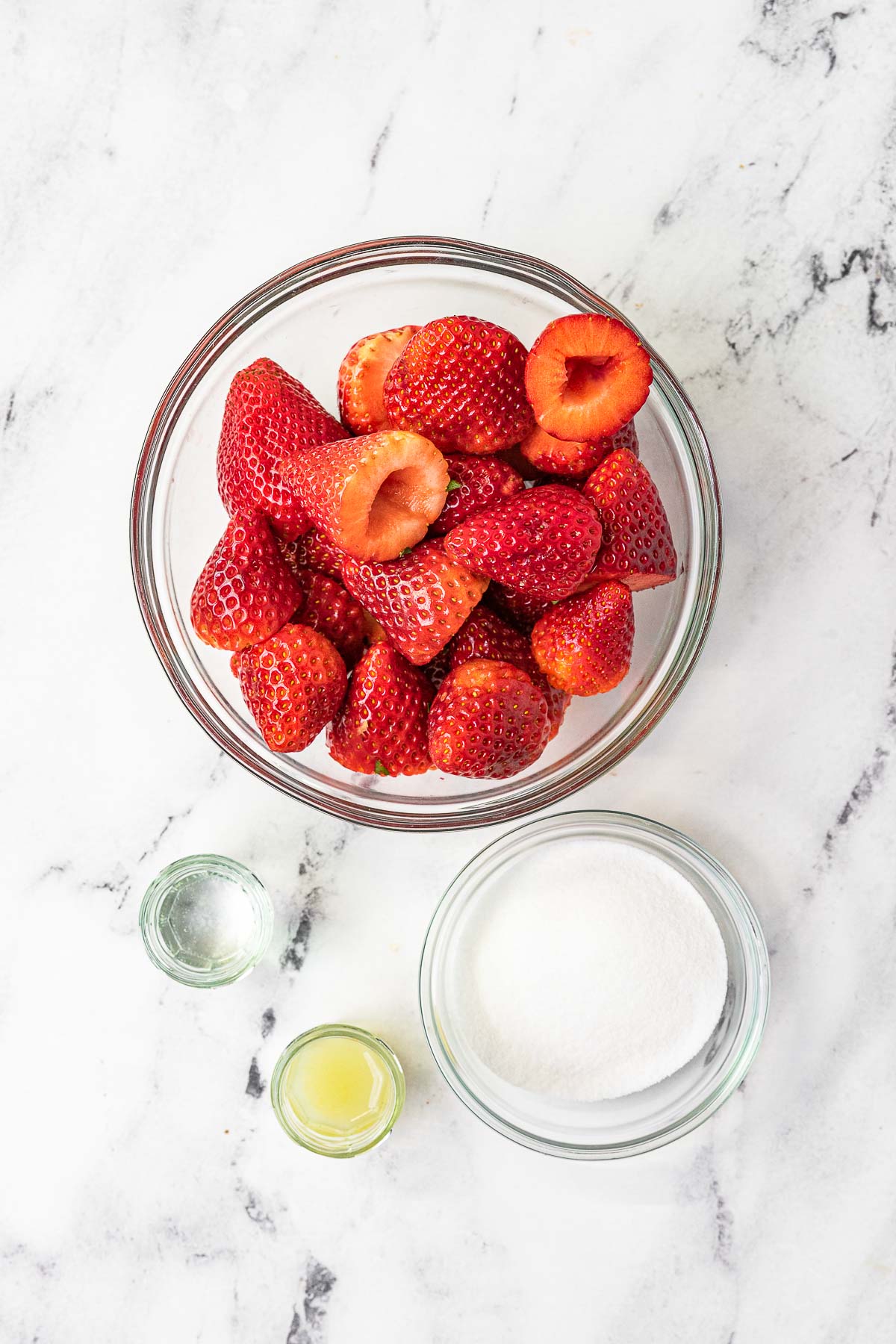 Strawberry Puree ingredients in prep bowls