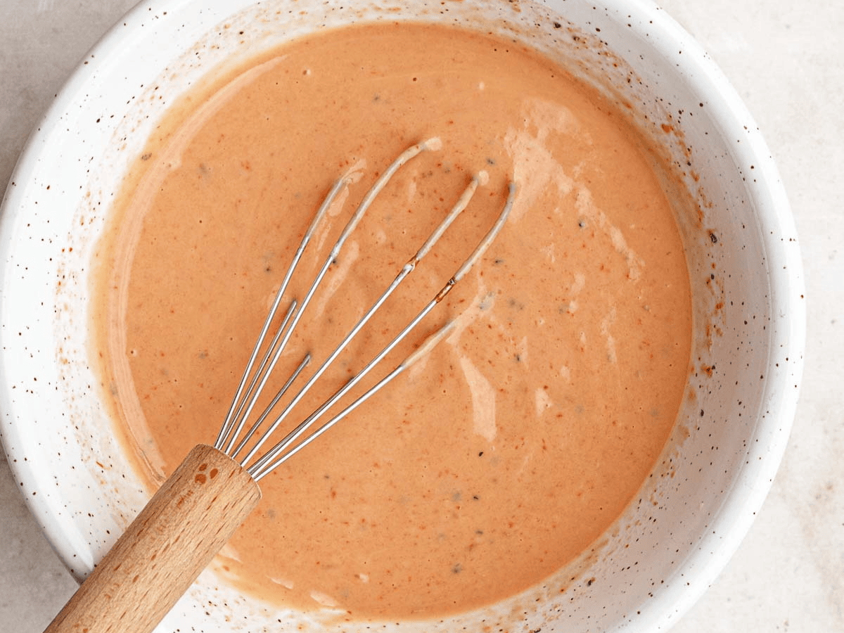 Dipping sauce in bowl.