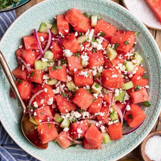 Watermelon Feta Salad finished in bowl with spoon, 1x1