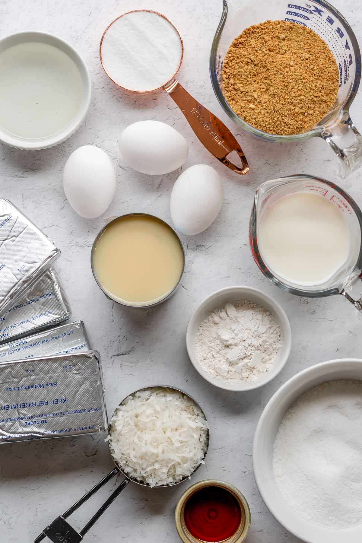 Coconut Cheesecake ingredients in bowls