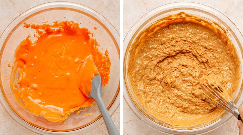 Melted candy corn and peanut butter mixture in a bowl