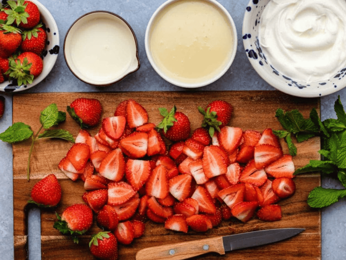 cut strawberries and other ingredients