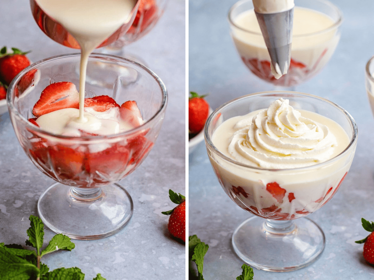 Collage of dessert being poured