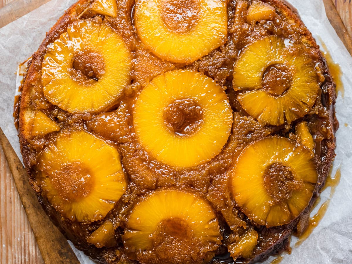Hali’imaile’s Pineapple Upside Down Cake turned over out of the oven