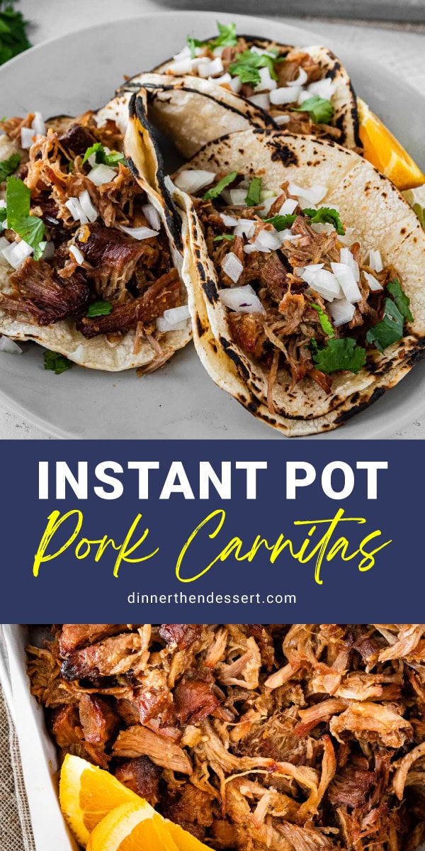 Instant Pot Pork Carnitas collage of carnitas meat cooked and tacos, blue banner with recipe name across middle