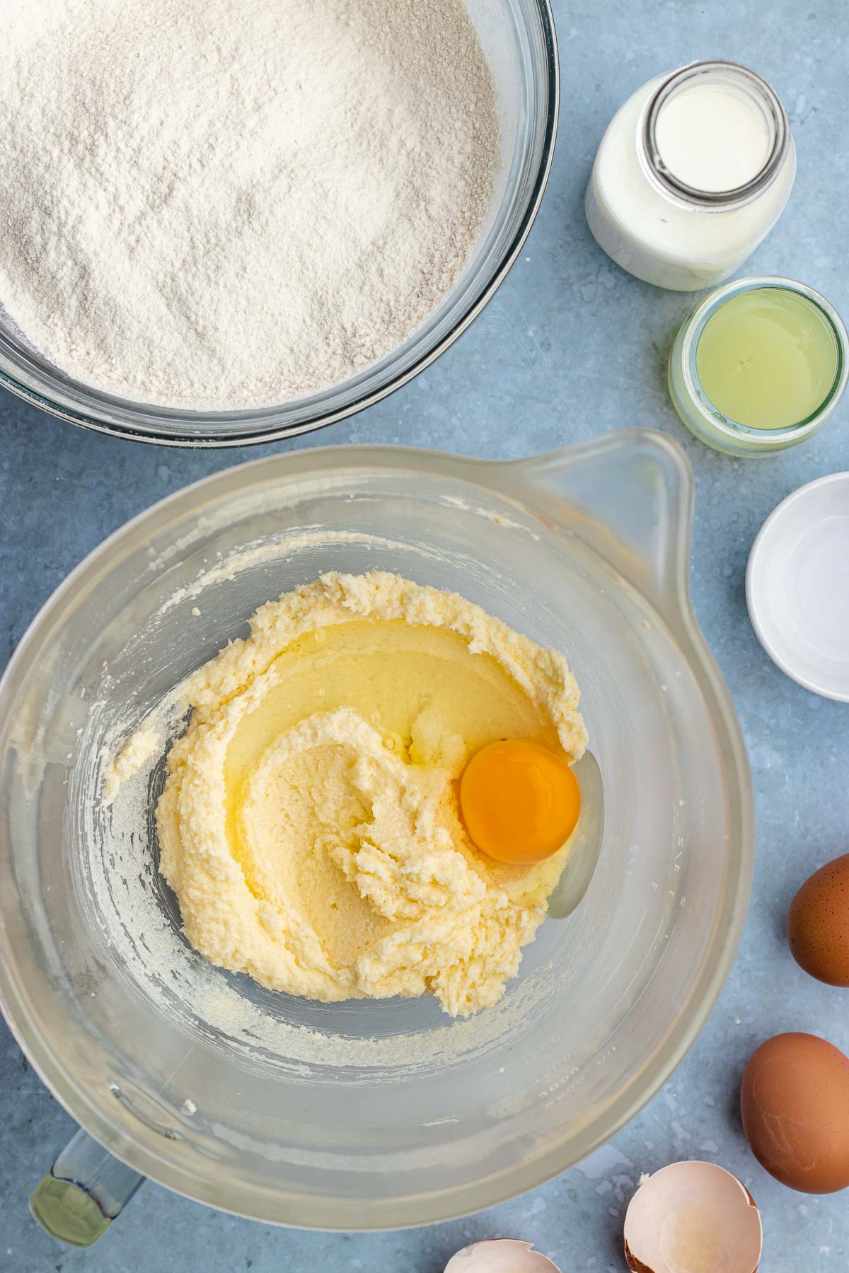 Key Lime Cupcakes creamed butter and eggs in mixing bowl and remaining ingredients in prep bowls