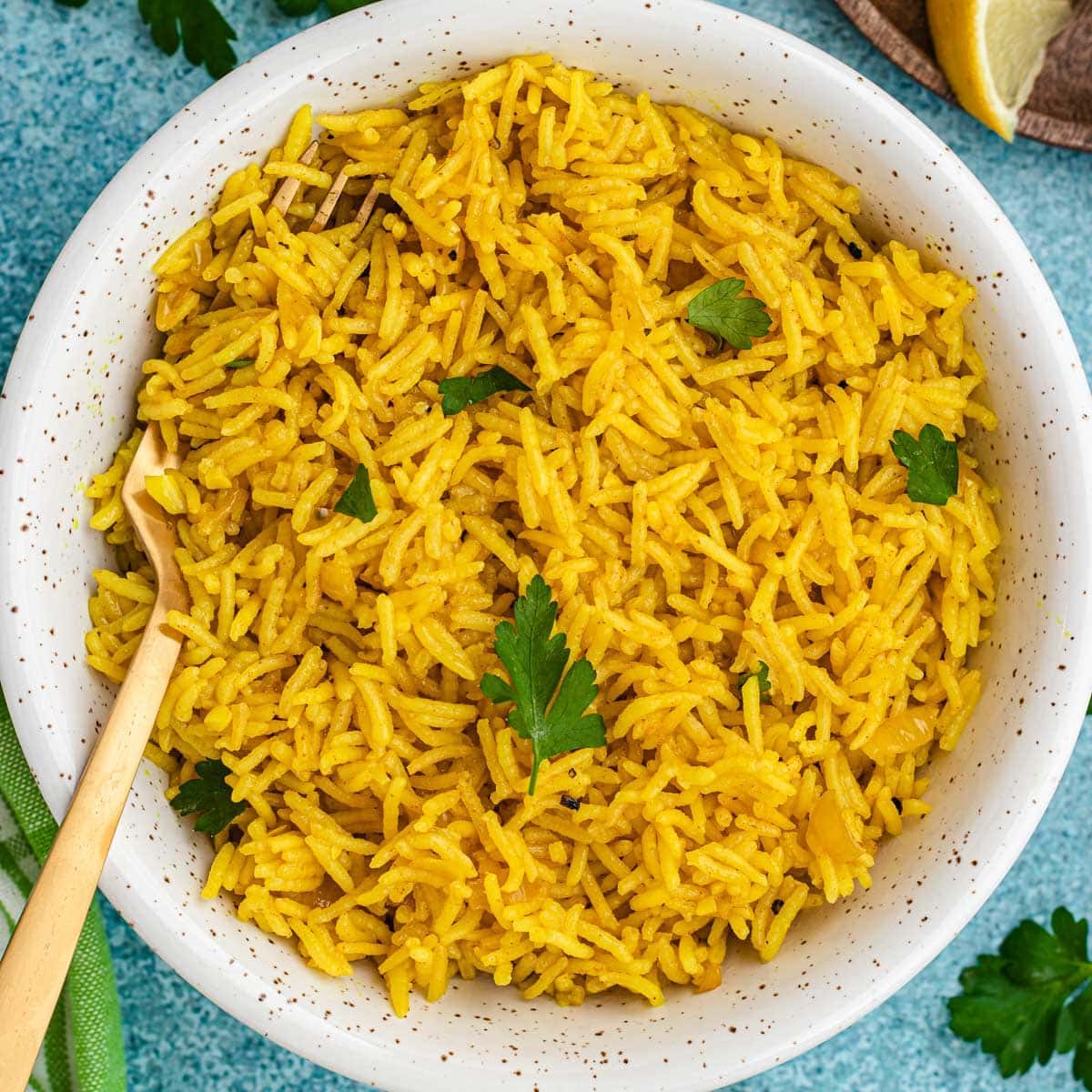 rice in bowl with fork 