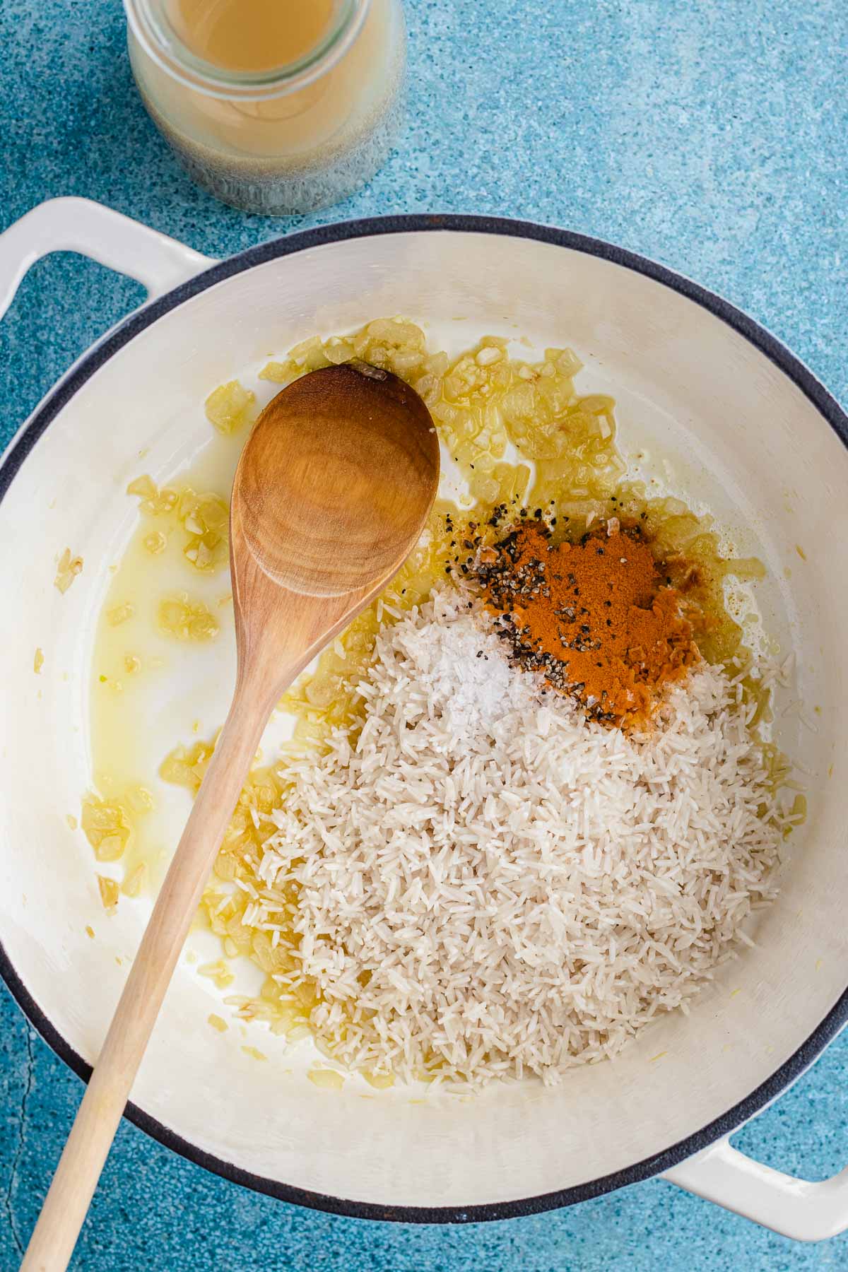mixing ingredients with wooden spoon 