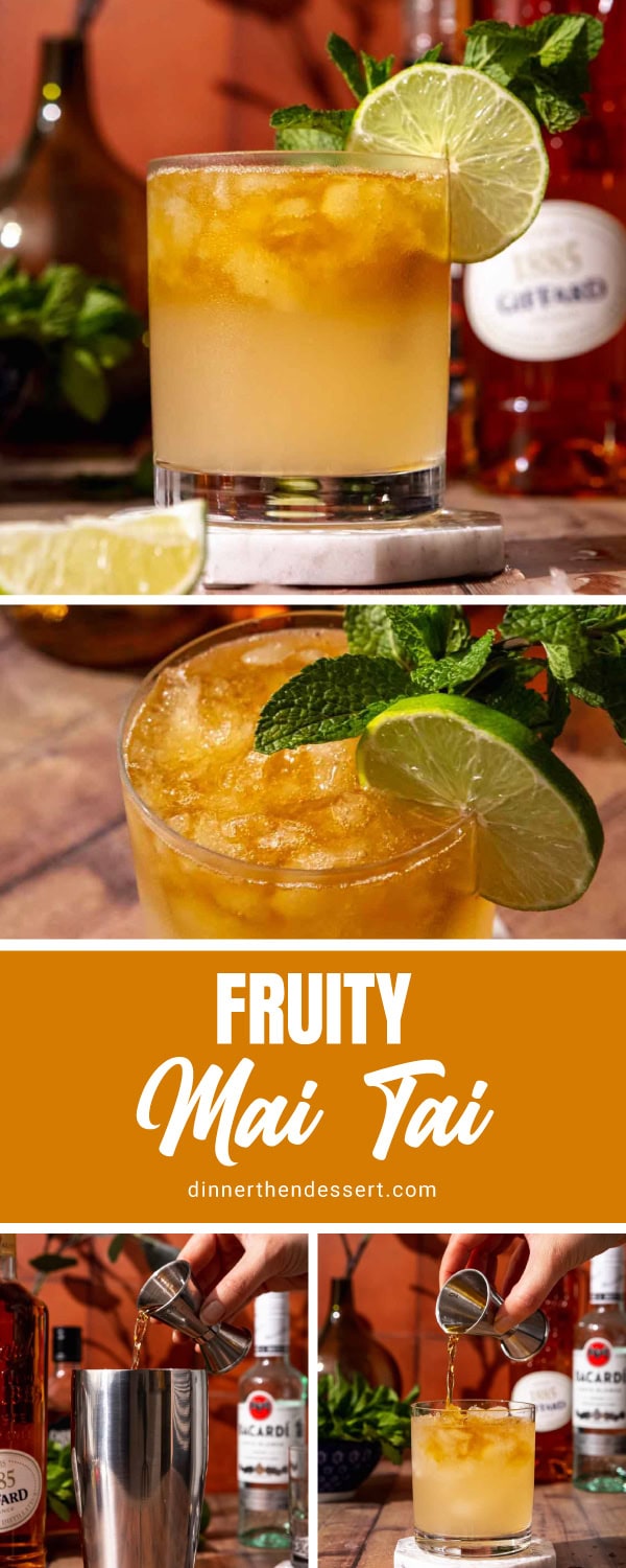 Collage of mixed garnished cocktail in glass and preparation steps.