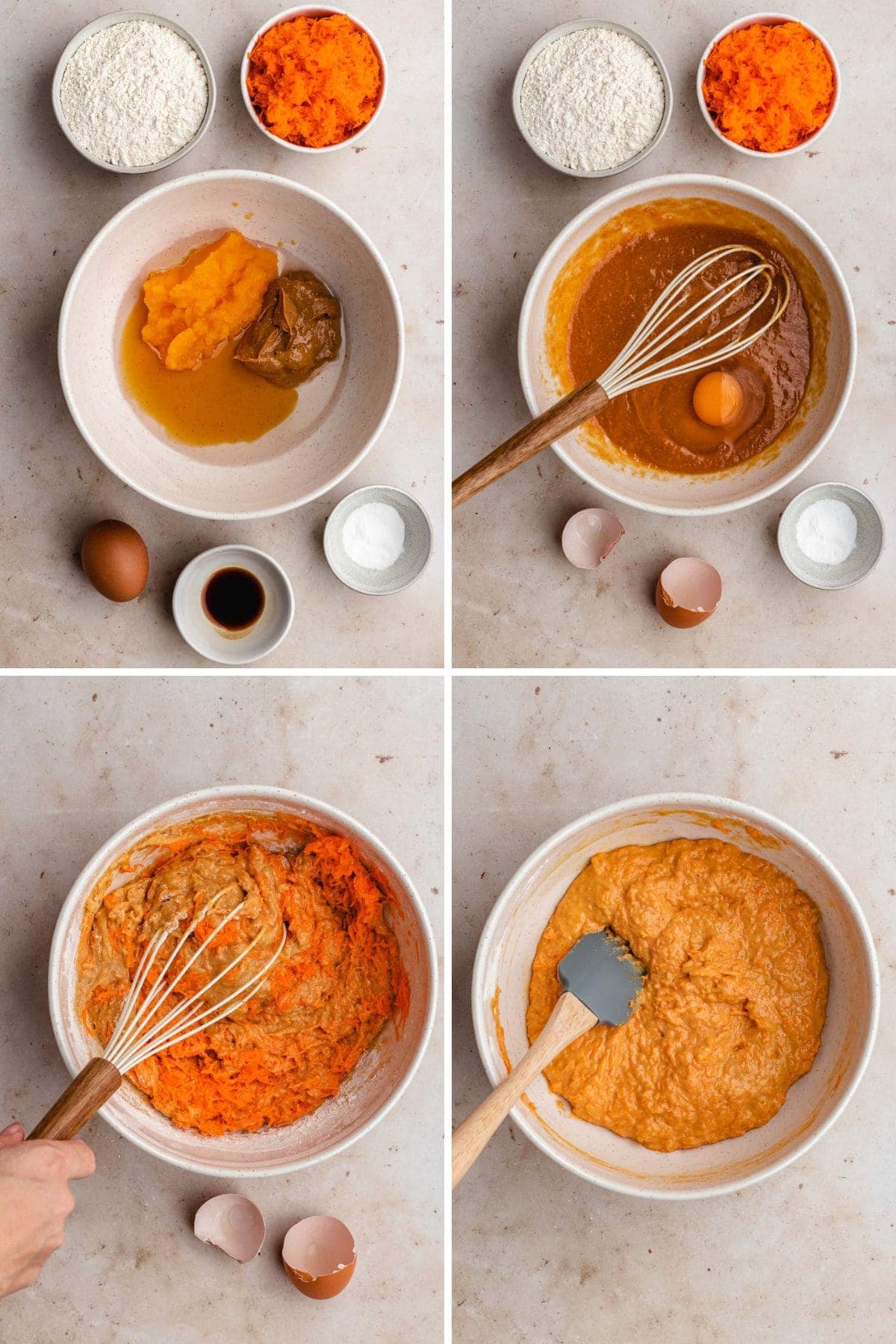 Collage of prepping cake batter