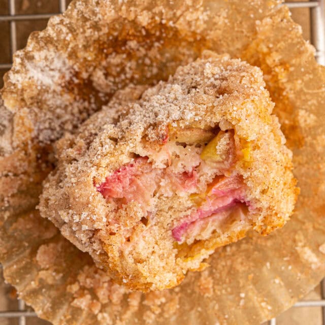 Rhubarb muffin with bite taken out of it.