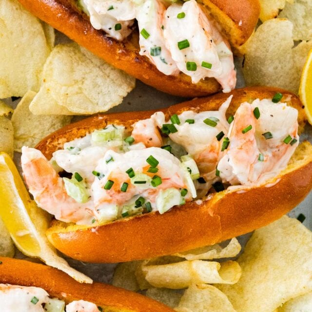 Shrimp Roll on a plate with potato chips