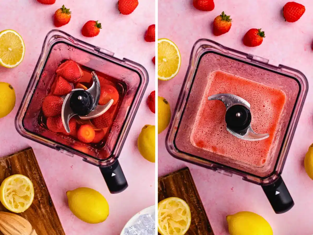 Whole strawberries in blender next to blended strawberries