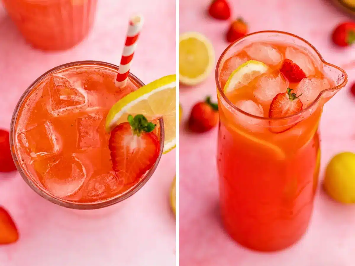 Aerial shot of drink next to pitcher of red drink