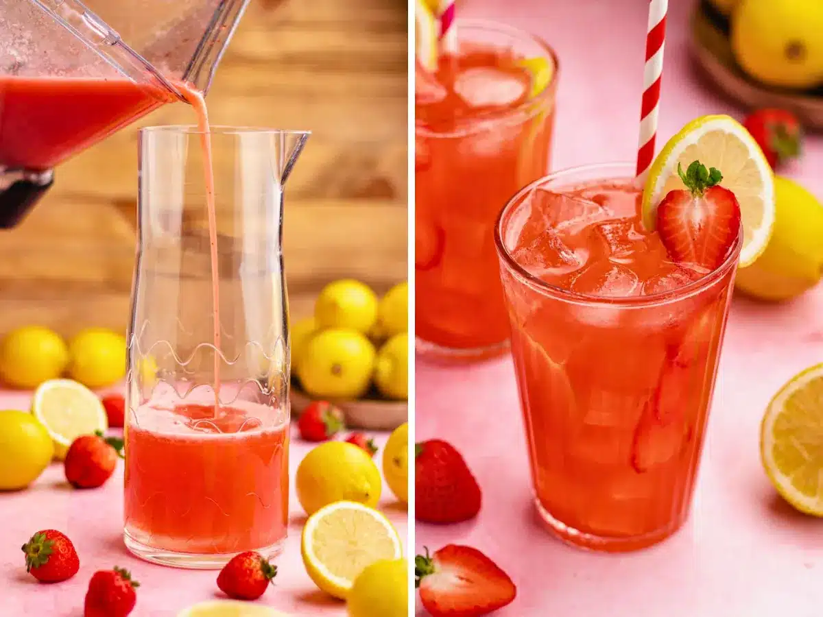 Drink being poured into pitcher next to red drink in glass