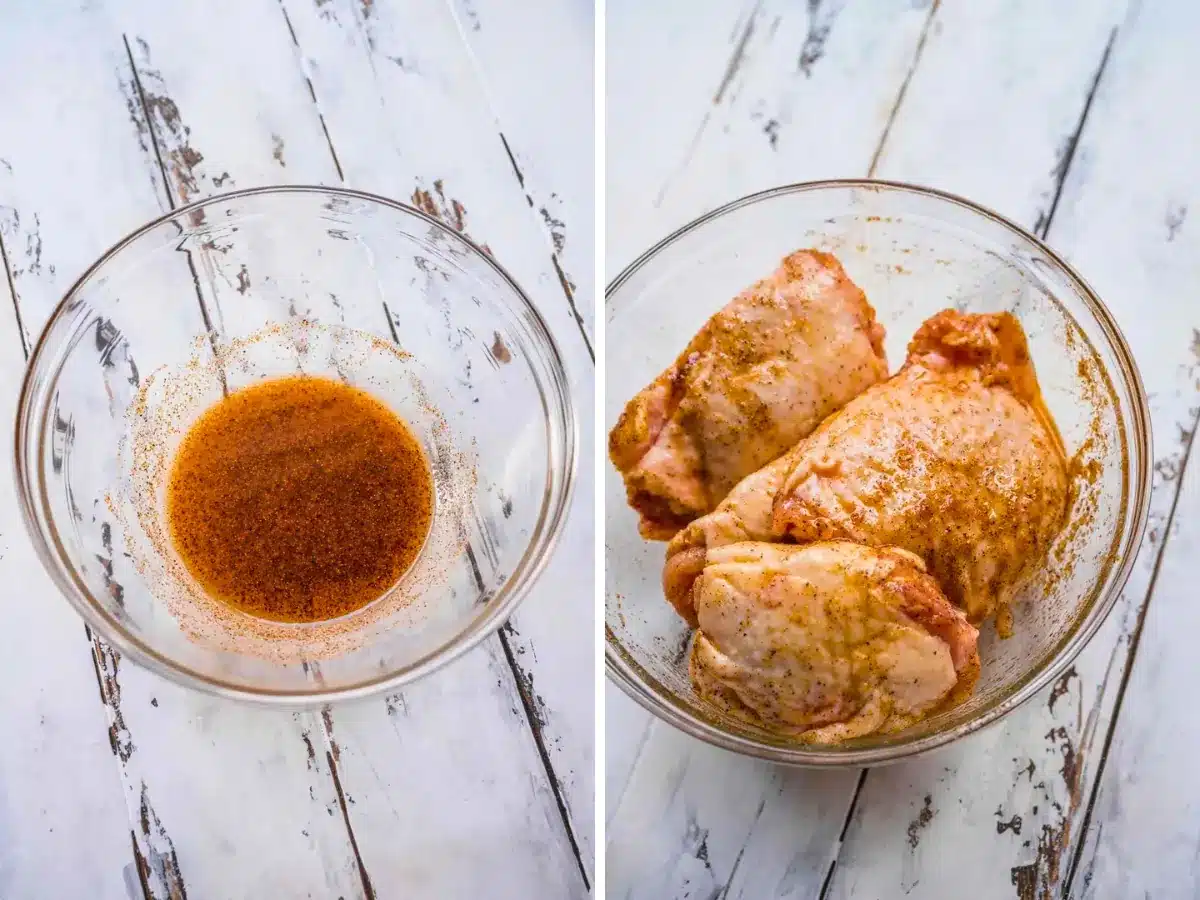 Collage of sauce and seasoned chicken in clear bowls